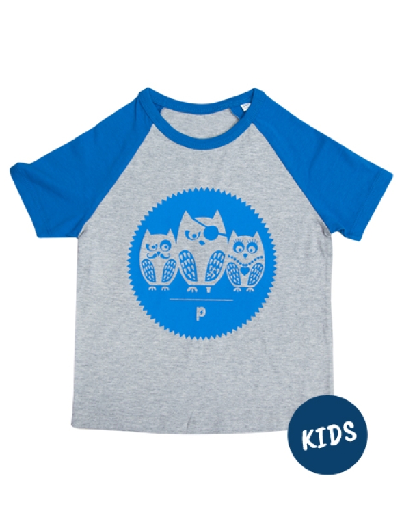 3er Eulen Gang - Fair Wear Kinder Baseball Bio T-Shirt - Blau/Grau
